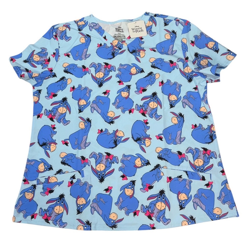 Disney Eeyore Scrub Top Womens XXL Blue Winnie the Pooh Medical Nursing V-Neck
